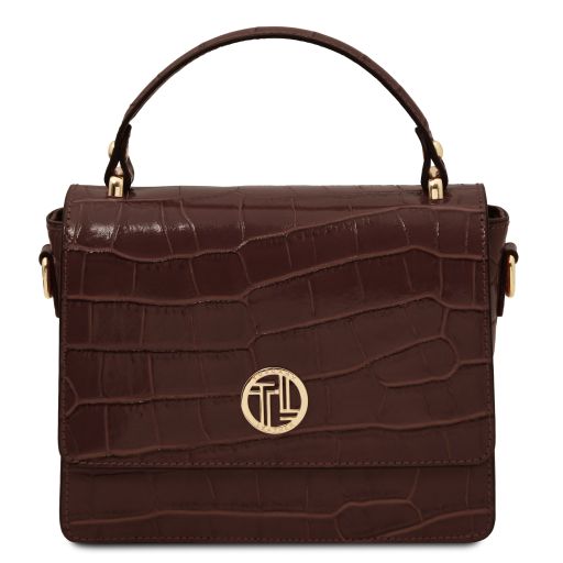 Croque Croc Print Leather Handbag Coffee TL142503