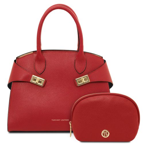 Formentera Bolso a Mano en Piel y Neceser en Piel Suave Rojo Lipstick TL142524