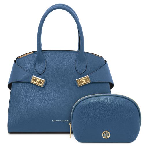 Formentera Sac à Main en Cuir et Trousse de Toilette en Cuir Souple Denim TL142524