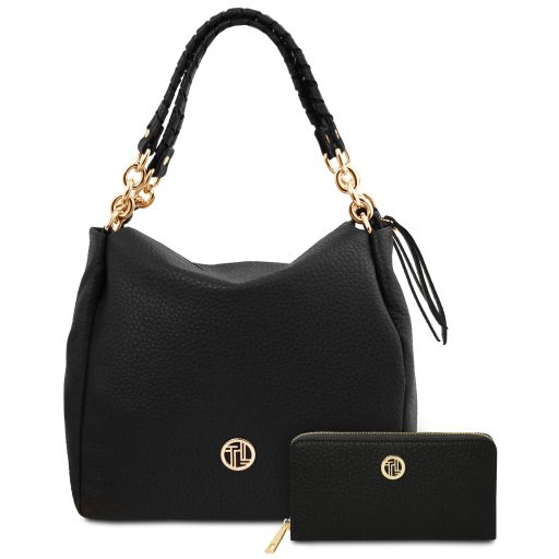 Ibiza Soft Leather Shopping bag and zip Around Leather Wallet Черный TL142609