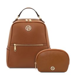 Mauritius Soft Leather Backpack and Soft Leather Toiletry Case Cognac TL142611