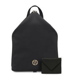 Korfu Rucksack aus Weichem Leder und Herren Brieftasche aus Leder Schwarz TL142628