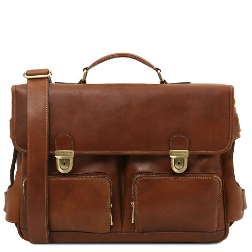 Ventimiglia Leather Multi Compartment Briefcase With Front Pockets Brown TL142069