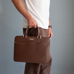 Torino Saffiano Leather Laptop Briefcase Dark Taupe TL142551