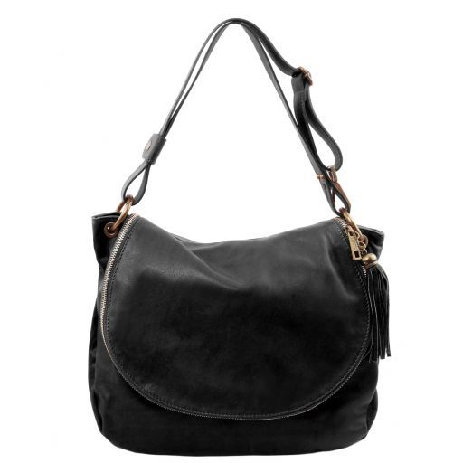 TL Bag Sac Bandoulière Besace en Cuir Souple Avec Pompon Noir TL141110
