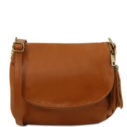 TL Bag Sac Bandoulière Besace en Cuir Souple Avec Pompon Cognac TL141223