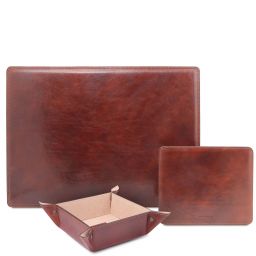 Premium Office Set Carpeta Para Escritorio, Alfombrilla y Vaciabolsillos en Piel Marrón TL142088