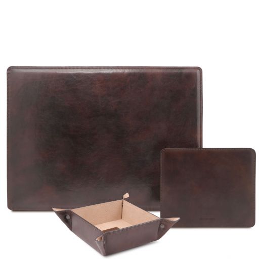 Premium Office Set Schreibtischunterlage, Mauspad und Schale aus Leder Dunkelbraun TL142088