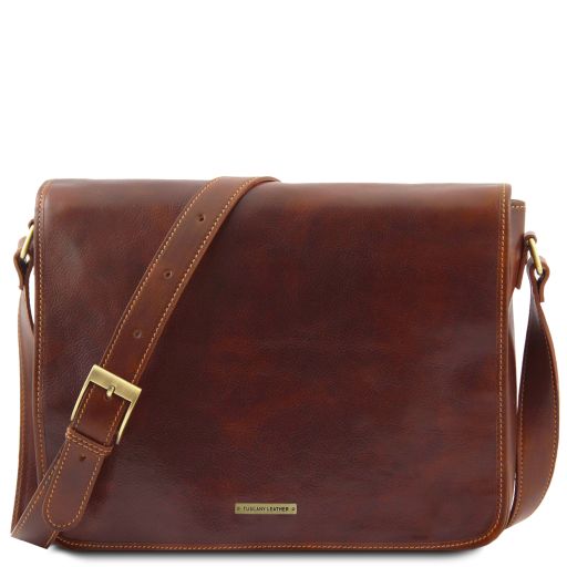 Messenger double Tasche mit Laptopfach aus Leder Braun TL90475